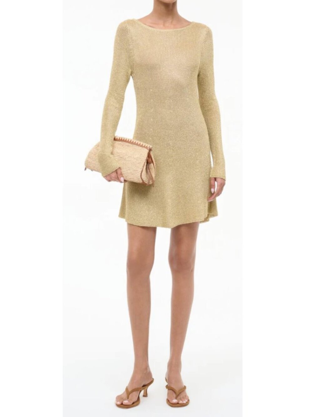 STAUD Gold Knit Long Sleeve Mini Dress NWT